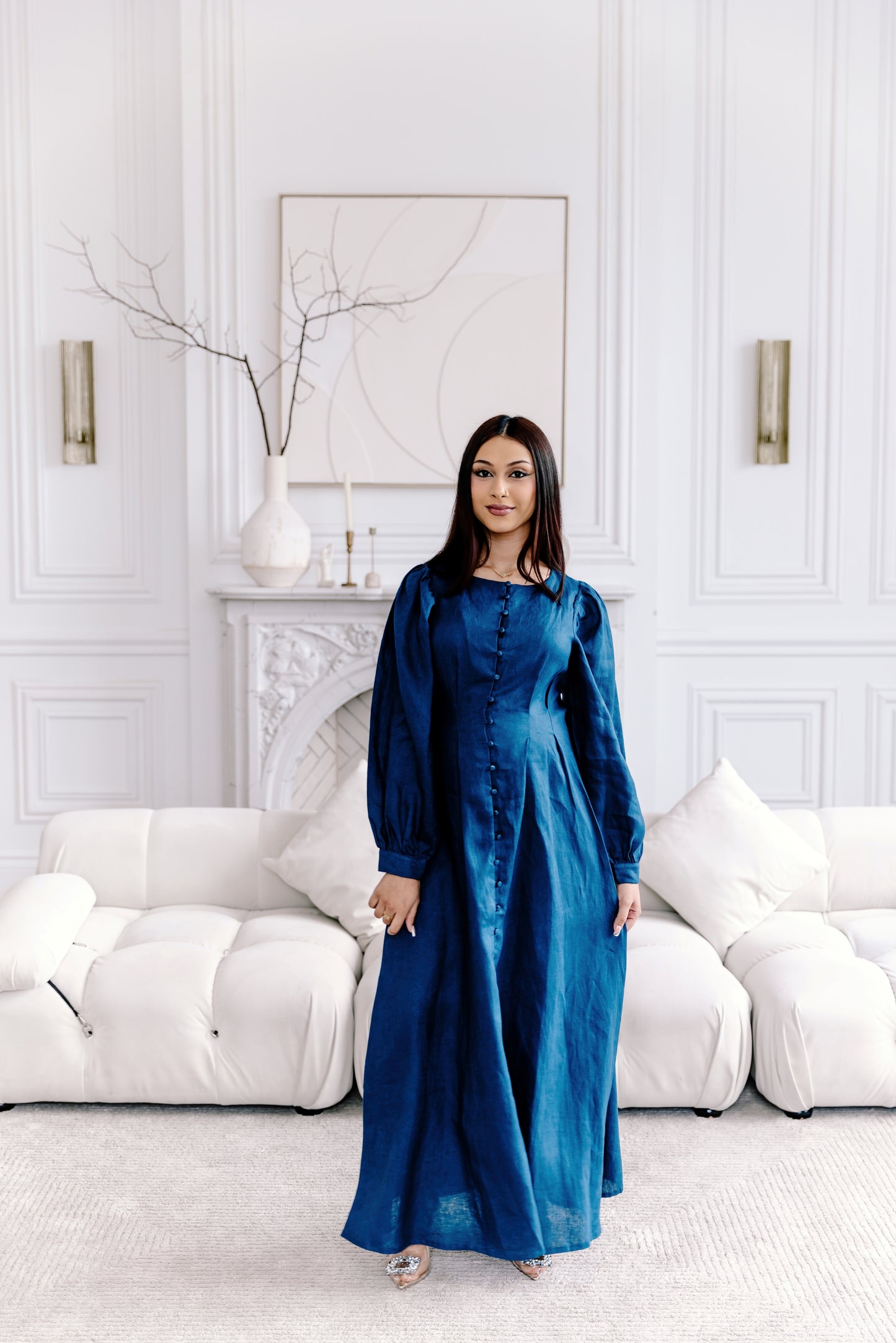 Robe longue en lin Aira - Bleu nuit