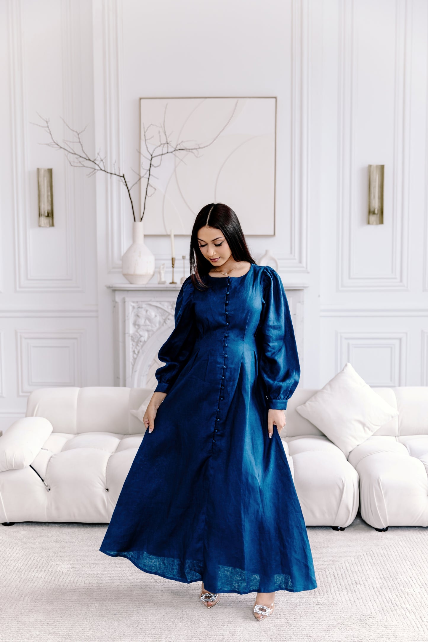 Robe longue en lin Aira - Bleu nuit