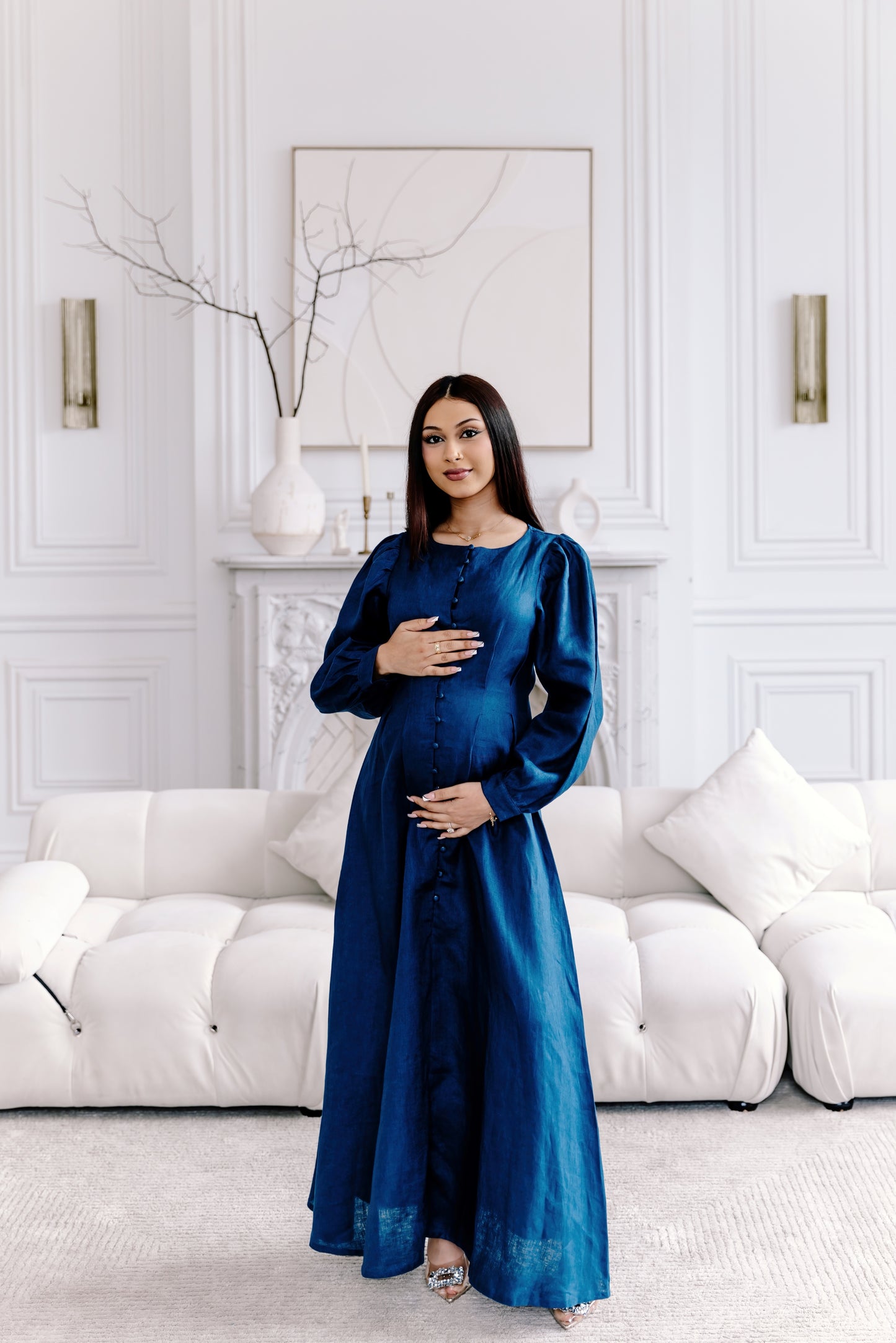 Robe longue en lin Aira - Bleu nuit